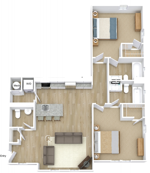 Floor plan for 2 beds, 2.5 baths, 1112 sqft